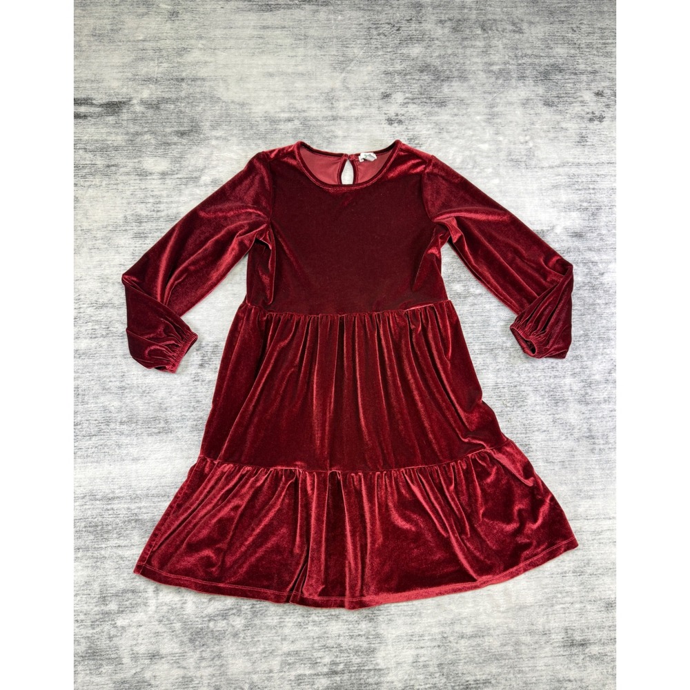 dip Girls Burgundy Red Crushed Velvet Tiered Long Sleeve Dress Size L 12-14